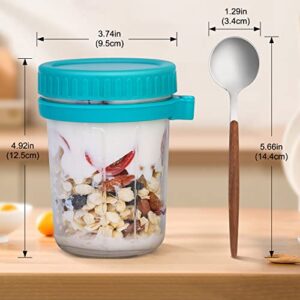 Overnight Oats Jars with Lid and Spoon Set of 2，10 oz Multiple Use Large Capacity Airtight Seal Oatmeal Container with Measurement Marks, Mason Jars with Lid, Grey and Turquoise