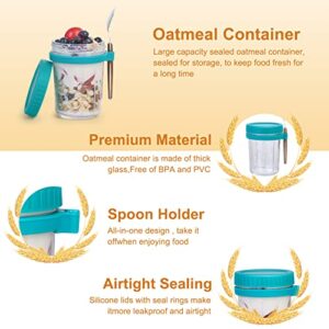 Overnight Oats Jars with Lid and Spoon Set of 2，10 oz Multiple Use Large Capacity Airtight Seal Oatmeal Container with Measurement Marks, Mason Jars with Lid, Grey and Turquoise