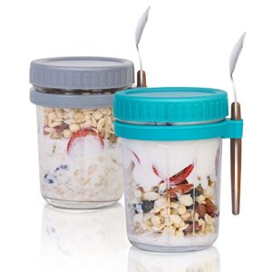 Overnight Oats Jars with Lid and Spoon Set of 2，10 oz Multiple Use Large Capacity Airtight Seal Oatmeal Container with Measurement Marks, Mason Jars with Lid, Grey and Turquoise