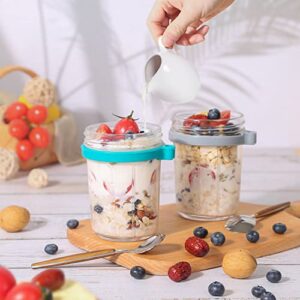 Overnight Oats Jars with Lid and Spoon Set of 2，10 oz Multiple Use Large Capacity Airtight Seal Oatmeal Container with Measurement Marks, Mason Jars with Lid, Grey and Turquoise