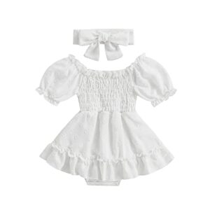 infant baby girls romper dress dot pattern short sleeve ruched jumpsuits skirts hem bodysuits headband (white dots, 0-6 months)