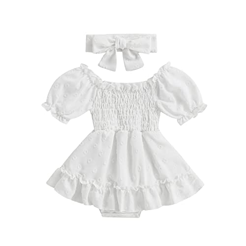 Infant Baby Girls Romper Dress Dot Pattern Short Sleeve Ruched Jumpsuits Skirts Hem Bodysuits Headband (White dots, 0-6 Months)