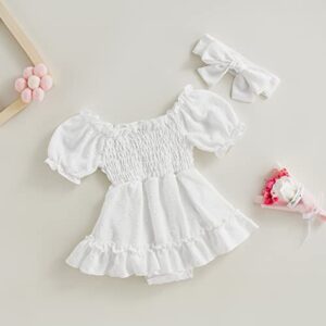 Infant Baby Girls Romper Dress Dot Pattern Short Sleeve Ruched Jumpsuits Skirts Hem Bodysuits Headband (White dots, 0-6 Months)