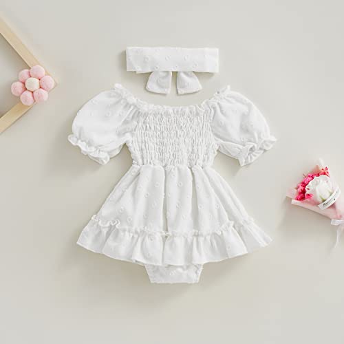 Infant Baby Girls Romper Dress Dot Pattern Short Sleeve Ruched Jumpsuits Skirts Hem Bodysuits Headband (White dots, 0-6 Months)