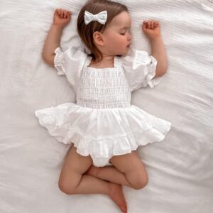 Infant Baby Girls Romper Dress Dot Pattern Short Sleeve Ruched Jumpsuits Skirts Hem Bodysuits Headband (White dots, 0-6 Months)