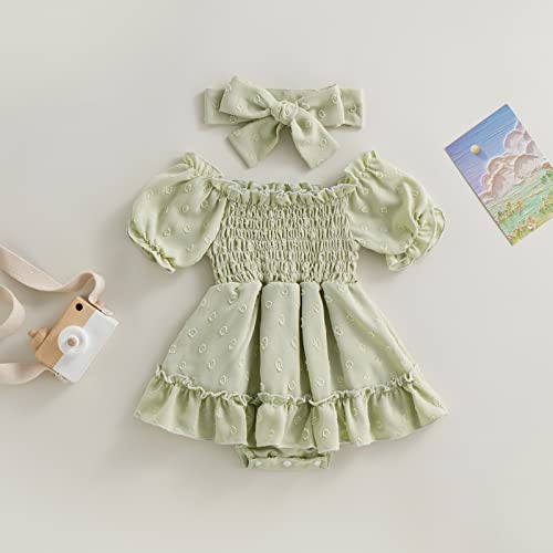 Infant Baby Girls Romper Dress Dot Pattern Short Sleeve Ruched Jumpsuits Skirts Hem Bodysuits Headband (Green dots, 6-12 Months)