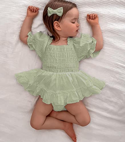 Infant Baby Girls Romper Dress Dot Pattern Short Sleeve Ruched Jumpsuits Skirts Hem Bodysuits Headband (Green dots, 6-12 Months)