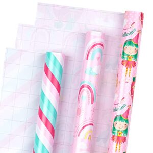 LeZakaa Birthday Wrapping Paper Roll - Mini Roll - Mermaid/Rainbow/Stripe Design for Girls, Kids, Women - 17 x 120 inches, 3 Rolls (42.5 sq.ft.ttl.)