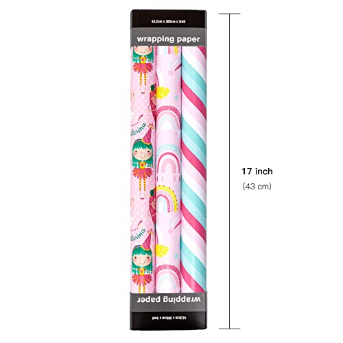 LeZakaa Birthday Wrapping Paper Roll - Mini Roll - Mermaid/Rainbow/Stripe Design for Girls, Kids, Women - 17 x 120 inches, 3 Rolls (42.5 sq.ft.ttl.)