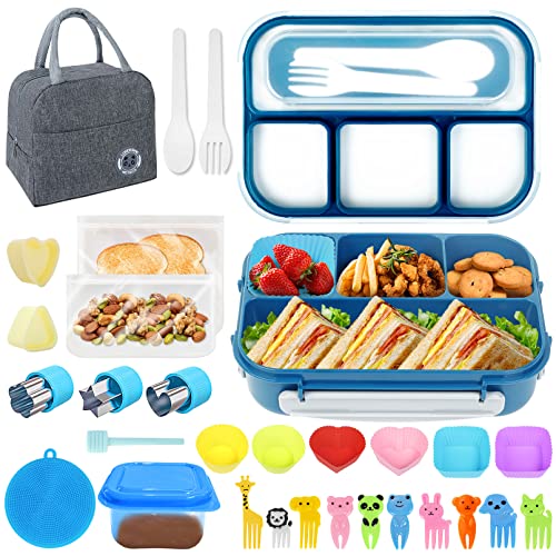 Korlon 30 Pcs Bento Box Adult Lunch Box, 1300ML Kids Lunch Box 4 Compartment Durable Leakproof Lunch Containers for Adults with Spoon Fork Bag Accessories, Microwave Dishwasher Freezer Safe