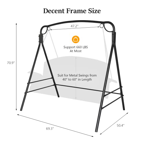VINGLI Upgraded Metal Porch Swing Stand with Black Finish, Heavy Duty 660 LBS Weight Capacity Steel Swing Frame with Extra Side Bars, Powder Coated Hanging Swing Frame Set for Outdoors