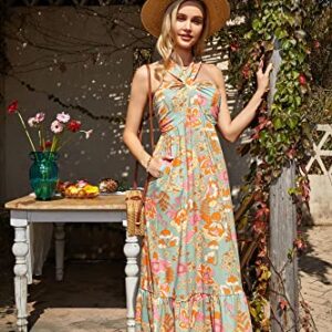 2023 Women's Halter Neck Floral Sleeveless Summer Dresses for Beach Greygreen L