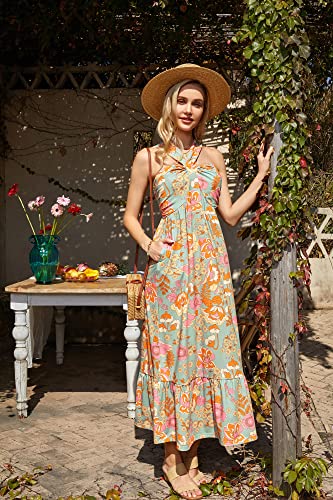 2023 Women's Halter Neck Floral Sleeveless Summer Dresses for Beach Greygreen L