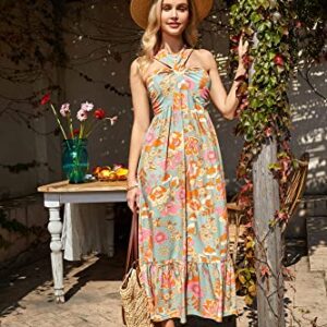 2023 Women's Halter Neck Floral Sleeveless Summer Dresses for Beach Greygreen L