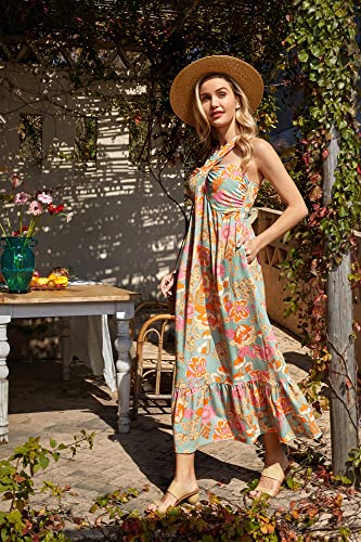 2023 Women's Halter Neck Floral Sleeveless Summer Dresses for Beach Greygreen L