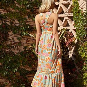 2023 Women's Halter Neck Floral Sleeveless Summer Dresses for Beach Greygreen L