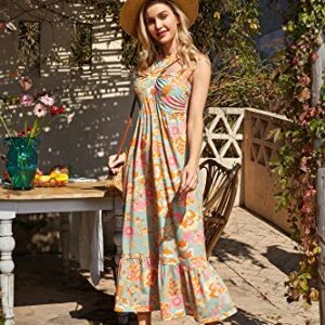 2023 Women's Halter Neck Floral Sleeveless Summer Dresses for Beach Greygreen L