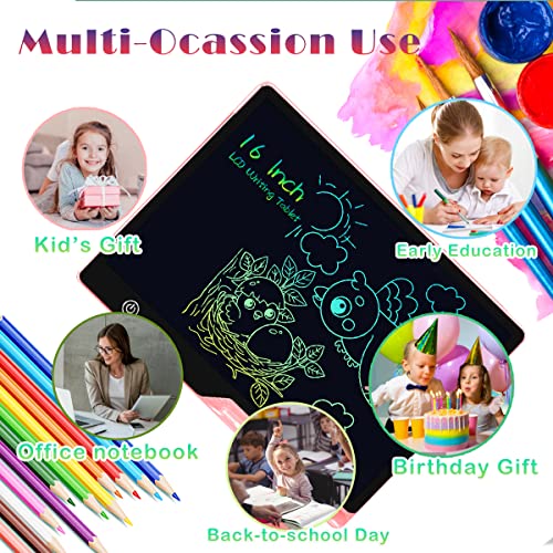 16 Inch Rechargeable LCD Writing Tablet, Colorful Doodle Board Drawing Tablet for Kids, Reusable Electronic Drawing Pads Educational Toys, Gift for Boys Girls, Pink