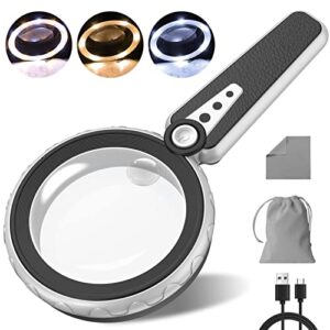 magnifying glass with light-6x 10x 12 led handheld illuminated lighted magnifying glasses, 3 cool and warm light modes & adjustable brightness, magnifier for close work, seniors reading,powered by usb