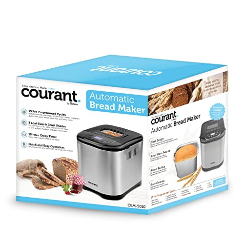 Courant Bread Maker Machine 3 Loaf sizes, Gluten-free, sugar-free, Natural Sourdough, Total 15 Pre-Programmable Cycles, Delay Timer, Easy to Use, Warm Feature - Stainless Steel Automatic