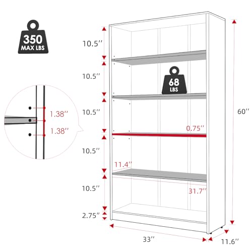 STARY 5 Shelf Bookcase White Tall Bookshelf for Bedroom 5 Tier Modern Wood Bookshelf 33" Wide 60" Tall