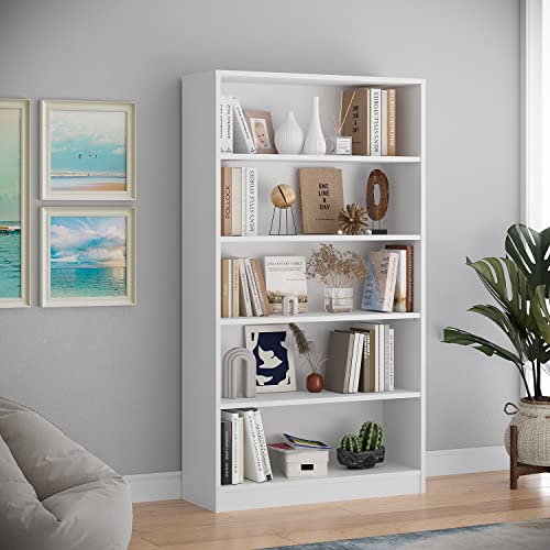 STARY 5 Shelf Bookcase White Tall Bookshelf for Bedroom 5 Tier Modern Wood Bookshelf 33" Wide 60" Tall