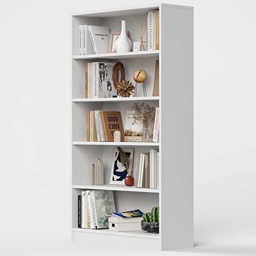 STARY 5 Shelf Bookcase White Tall Bookshelf for Bedroom 5 Tier Modern Wood Bookshelf 33" Wide 60" Tall