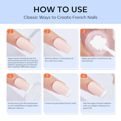 modelones French Tip Nail Stamp - 6Pcs Silicone French Nail Stamper Double Head French Tip Nail Tool for French Nail with Scrapers & Silicone Nail Stamper Kit DIY French Manicure Kit at Home