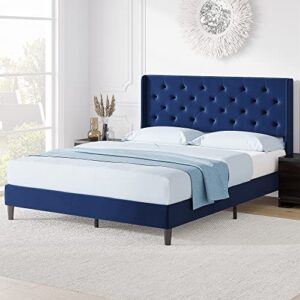 idealhouse queen size bed frame with wingback, upholstered platform bed with diamond tufted headboard, wooden slats support, easy assembly, noise-free, no box spring needed, dark blue