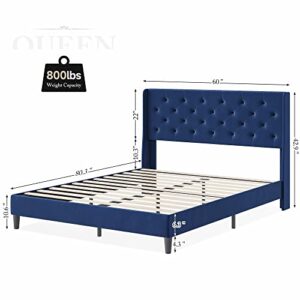 IDEALHOUSE Queen Size Bed Frame with Wingback, Upholstered Platform Bed with Diamond Tufted Headboard, Wooden Slats Support, Easy Assembly, Noise-Free, No Box Spring Needed, Dark Blue