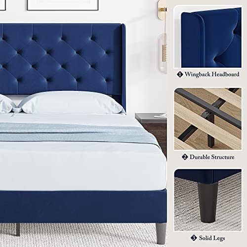 IDEALHOUSE Queen Size Bed Frame with Wingback, Upholstered Platform Bed with Diamond Tufted Headboard, Wooden Slats Support, Easy Assembly, Noise-Free, No Box Spring Needed, Dark Blue