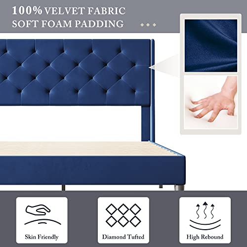 IDEALHOUSE Queen Size Bed Frame with Wingback, Upholstered Platform Bed with Diamond Tufted Headboard, Wooden Slats Support, Easy Assembly, Noise-Free, No Box Spring Needed, Dark Blue