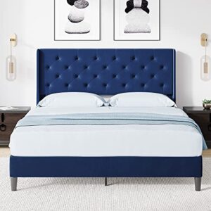 IDEALHOUSE Queen Size Bed Frame with Wingback, Upholstered Platform Bed with Diamond Tufted Headboard, Wooden Slats Support, Easy Assembly, Noise-Free, No Box Spring Needed, Dark Blue