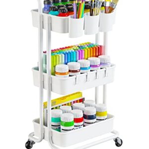 Pipishell 3-Tier Rolling Cart with Wheels - Rolling Storage Cart with Hanging Cups & Hooks - Mobile Utility Cart for Office, Kitchen, Craft Room - Art & Craft Organizer (White, PIUC06W)"