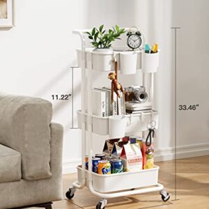 Pipishell 3-Tier Rolling Cart with Wheels - Rolling Storage Cart with Hanging Cups & Hooks - Mobile Utility Cart for Office, Kitchen, Craft Room - Art & Craft Organizer (White, PIUC06W)"