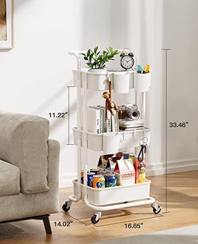 Pipishell 3-Tier Rolling Cart with Wheels - Rolling Storage Cart with Hanging Cups & Hooks - Mobile Utility Cart for Office, Kitchen, Craft Room - Art & Craft Organizer (White, PIUC06W)"