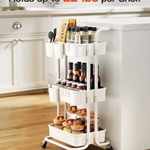 Pipishell 3-Tier Rolling Cart with Wheels - Rolling Storage Cart with Hanging Cups & Hooks - Mobile Utility Cart for Office, Kitchen, Craft Room - Art & Craft Organizer (White, PIUC06W)"