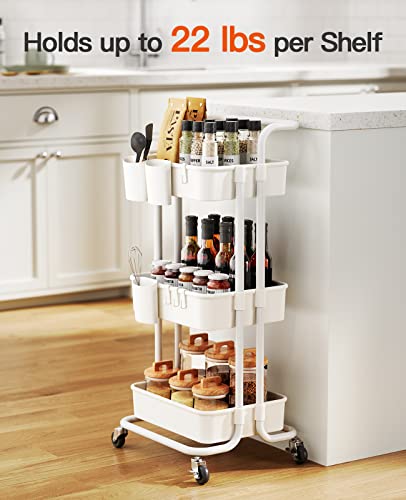 Pipishell 3-Tier Rolling Cart with Wheels - Rolling Storage Cart with Hanging Cups & Hooks - Mobile Utility Cart for Office, Kitchen, Craft Room - Art & Craft Organizer (White, PIUC06W)"