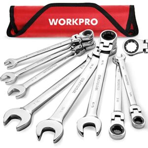 workpro 8-piece flex-head ratcheting combination wrench set, sae 5/16-3/4 in, 72-teeth, cr-v constructed, mirror polished chrome plated with roll up pouch