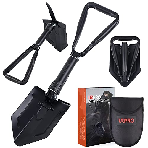 URPRO Folding Survival Shovel w/Pick, Portable Carbon Steel Handle and Blade, Entrenching, Military, Firefighting, Trenching Tool, for Camping, Gardening, Digging, Sand, Mud & Snow