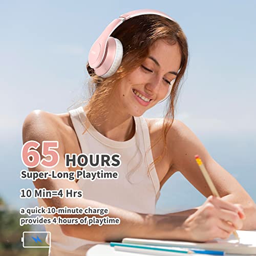 Uliptz Wireless Bluetooth Headphones, 65H Playtime, 6EQ Sound Modes, HiFi Stereo Over Ear Headphones with Microphone, Foldable Bluetooth 5.3 Headphones for Travel/Office/Cellphone/PC (Rose Gold)