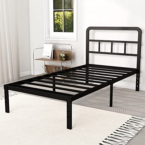 DiaOutro 14 Inch Twin XL Bed Frame with Headboard No Box Spring Needed Metal Platform Heavy Duty Steel Slat Mattress Foundation/Easy Assembly/Noise Free/Black