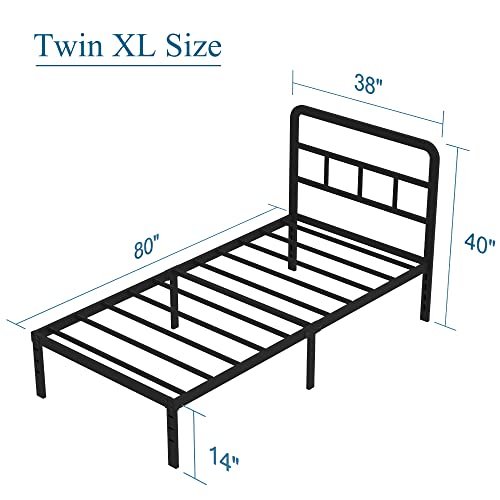 DiaOutro 14 Inch Twin XL Bed Frame with Headboard No Box Spring Needed Metal Platform Heavy Duty Steel Slat Mattress Foundation/Easy Assembly/Noise Free/Black