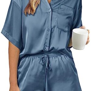 PRETTYGARDEN Women's 2 Piece Satin Pajama Sets Short Sleeve Button Down Tops And Shorts Set 2023 Summer Pjs Silk Sleepwear (Grey Blue,X-Large)