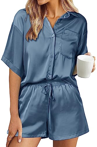 PRETTYGARDEN Women's 2 Piece Satin Pajama Sets Short Sleeve Button Down Tops And Shorts Set 2023 Summer Pjs Silk Sleepwear (Grey Blue,X-Large)