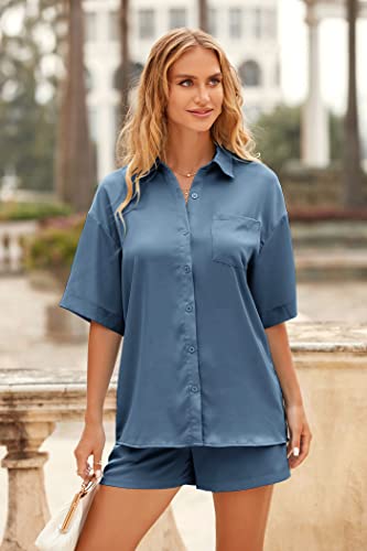 PRETTYGARDEN Women's 2 Piece Satin Pajama Sets Short Sleeve Button Down Tops And Shorts Set 2023 Summer Pjs Silk Sleepwear (Grey Blue,X-Large)