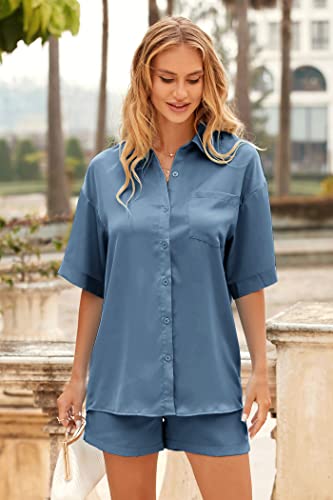 PRETTYGARDEN Women's 2 Piece Satin Pajama Sets Short Sleeve Button Down Tops And Shorts Set 2023 Summer Pjs Silk Sleepwear (Grey Blue,X-Large)