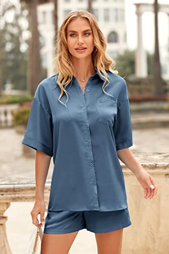 PRETTYGARDEN Women's 2 Piece Satin Pajama Sets Short Sleeve Button Down Tops And Shorts Set 2023 Summer Pjs Silk Sleepwear (Grey Blue,X-Large)