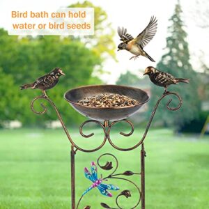 LEWIS&WAYNE Garden Trellis Bird Bath Outdoor, 43.5 Inch Antique Iron Garden Plant Trellis Decorative with Dragonfly and Detachable Drinking Basin Bowl, Free Standing BirdBath Birdfeeder Station