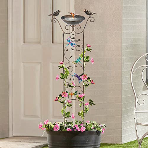 LEWIS&WAYNE Garden Trellis Bird Bath Outdoor, 43.5 Inch Antique Iron Garden Plant Trellis Decorative with Dragonfly and Detachable Drinking Basin Bowl, Free Standing BirdBath Birdfeeder Station